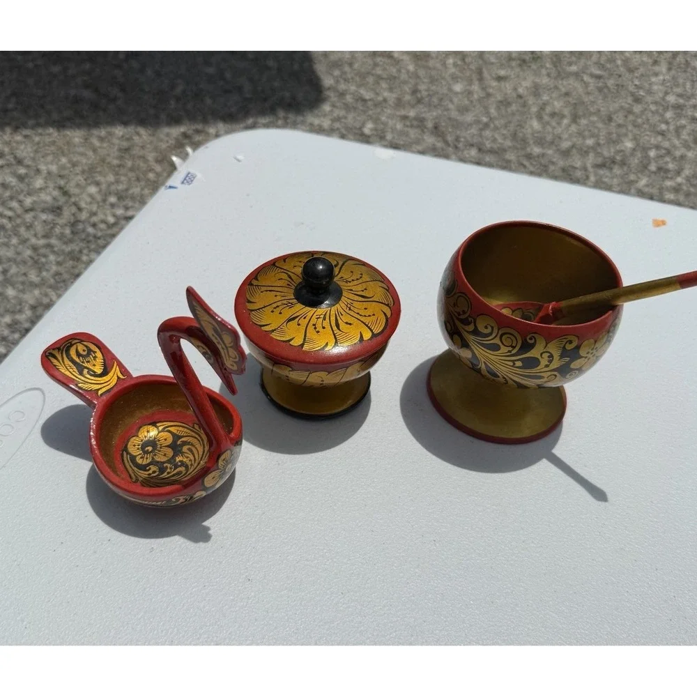 Vintage Russian Khokhloma Trinket Set‎ Swan Goblet